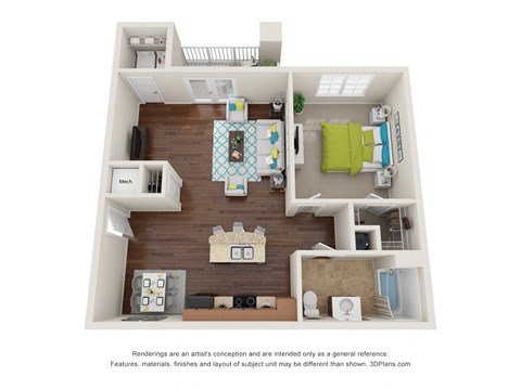 a stylized floor plan of a 1 bedroom apartment
